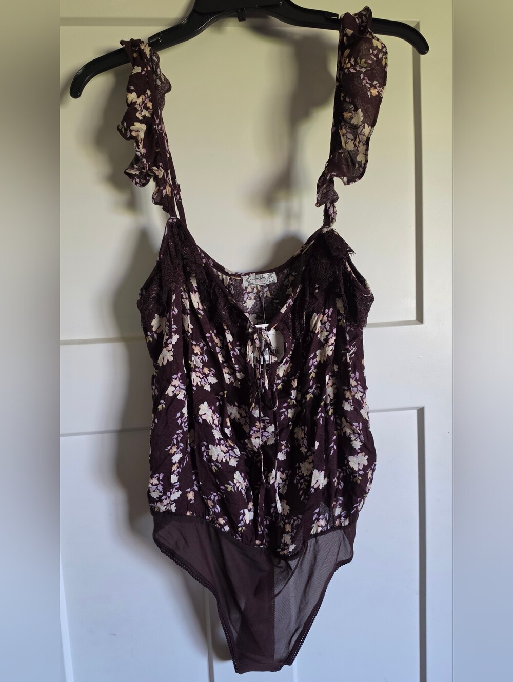 Free People Burgundy Floral Lace-Trim Bodysuit